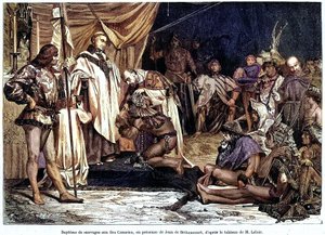 Jean de Bethencourt, Normanin herrasmies, Baron de Saint Martin le Gaillard, valloitti ja kristillistyi Kanariansaaret tammikuussa 1405 Sur terre et sur mer -lehden n:o 28, 8. tammikuuta. tekijältä Unbekannter Künstler