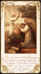 Jeesus polvistui rukoukseen Getsemanen puutarhassa, enkeli esittelee hänelle maljan. 1900-luvun alku (postikortti)