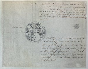 John Harrisonin suunnittelu "pienemmälle kellolle", jonka hän mainitsi pituusastelautakunnalle 19. kesäkuuta 1755 John Harrisonin (1693-1776) ja hänen poikansa Williamin (n. 1726-72) kokoamien mekaanisten muistiinpanojen ja piirustusten perusteella (kynä j tekijältä Unbekannt