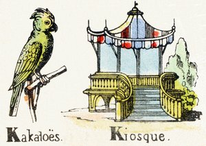 K - Kakatoes Kiosque - Child Entertainment Alphabet n.1890 (litografia) tekijältä Unbekannt