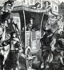Kuningas Kaarle I huutaa väkijoukkoa epäonnistuneen yrityksen jälkeen pidättää viisi parlamentin jäsentä John Pym, John Hampden, Denzil Holles, William Strode ja Arthur Haselrig 4. tammikuuta 1642. 1800-luku (kaiverrus teoksesta "History of the world"). tekijältä Unbekannter Künstler
