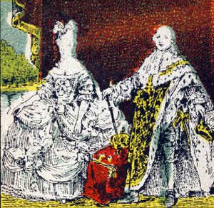 Ranskan kuningas Ludvig XVI ja kuningatar Marie Antoinette. Kaiverrus kirjassa "Histoire de France". Mainoskuvasarja, joka on julkaistu Louit