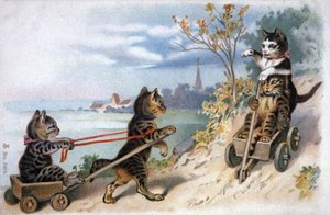 Kissanpentuja reessä, 1900-luvun alussa (postikortti) tekijältä Unbekannter Künstler