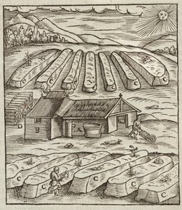 Salpeterin valmistus - Kaiverrus otettu julkaisusta Description des ores et des main method de exploitation miniere, Lazarus Ecker tekijältä Unbekannt