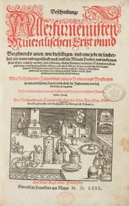 Malmianalyysilaboratorio, uuni, instrumentit ja työkalut - Nimisivu osoitteesta Kuvaus malmeista ja tärkeimmistä kaivosmenetelmistä, kirjoittanut Lazarus Ecker - Alchemy & Early Chemistry Nimisivu metallurgiaa käsittelevästä kirjasta tekijältä Unbekannt