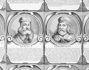 Lestko ja Siemomysl, no. 13 ja 14 puolalaisten herttuoiden ja kuninkaiden kronologisesta sarjasta (kaiverrus) tekijältä Unbekannt