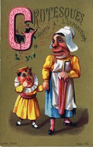 G-kirjain: Groteskeja päästettiin näyttelyyn. Kaiverrus kirjaimella "Alphabet des grotesques". Sarja 25 mainoskromolitografiaa dore-taustalla, 1800-luvun loppu. Mitat: 11 x 7 cm tekijältä Unbekannt