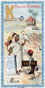 K-kirjain: kabyle, kepi, kilo, kakatoes, kioski, kilometri. Chocolat Suchardin toimittama aakkosten kaiverrus, 1900-luvun alku. 24 kromolitografiaa, jotka edustavat kuvasta löydettäviä paikkoja, hahmoja ja esineitä. Mitat: 105x55mm tekijältä Unbekannt