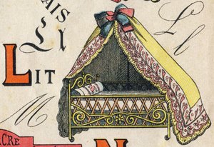 Kirjain L. Kaiverrus "ABC Toys". Epinaalinen kuvantaminen kromolitografiassa, noin 1890. Pieni 8-sivuinen vihko. Mitat: 195x135mm, tarkoitettu mainoksen vastaanottamiseen 4. kannessa. Kotikäyttöön, se tarjoaa maineikkaan abeceedaryn ja pienen lukutavan. tekijältä Unbekannt