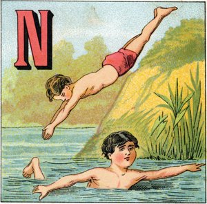 Kirjain N uimiseen. Kaiverrus "Alphabet des petits ecoliers". Epinalin kuva, noin 1885. Privee Collection tekijältä Unbekannt
