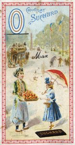O-kirjain: omnibus, ottomaanit, sateenvarjo, oriflame, oranssi, obeliski, karhu. Chocolat Suchardin toimittama aakkosten kaiverrus, 1900-luvun alku. 24 kromolitografiaa, jotka edustavat kuvasta löydettäviä paikkoja, hahmoja ja esineitä. Di tekijältä Unbekannt