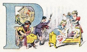 P-kirjain: Nukke Polichinelle. Fosfatine Falieresin aakkoset. Kaiverrus. Brevete aakkoset S.G.D.G. apteekkari Pierre Emile Falieres. Kuvituksia kromolitografiassa, 1800-luvun loppu. 16 sivua. Mitat: 103x154mm tekijältä Unbekannt