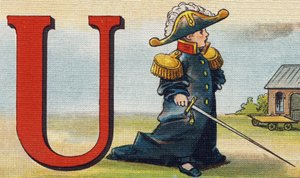 U-kirjain: yhtenäinen. Kaiverrus "Alphabet de ma petite fille". Bernardin-Bechet ja Fils, kirjakauppias-kustantajat, Pariisi, noin 1895. Rikkoutumaton albumi kankaalle. Bibliotheque des Bebes. 12 sivua. Albumi, joka sisältää lukumenetelmän ja havainnollise tekijältä Unbekannt