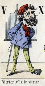 Kirjain V ja X: "Lasitaja, lasittaja!" Aakkoset "Lasten hauskaa". Kuvaus Epinalista, noin 1890. Suosittu sarja. Pieni 8-sivuinen vihko tekijältä Unbekannt