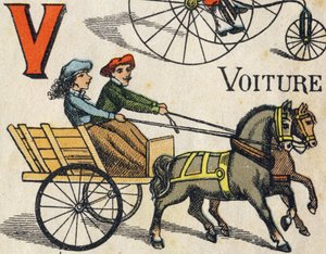V-kirjain autolle. Kaiverrus "ABC Toys". Epinaalinen kuvantaminen kromolitografiassa, noin 1890. Pieni 8-sivuinen vihko. Mitat: 195x135mm, tarkoitettu mainoksen vastaanottamiseen 4. kannessa. Käyttää kotona, se tarjoaa maineikkaan abeceeded ja pienen lukem tekijältä Unbekannt