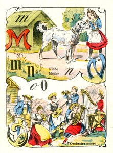 Letters M N ja O kuten Medor, Niche ja Swiss Orchestra. Kaiverrus "Hauskat aakkoset". Kuvaus Pont-a-Moussonista. Painatus ja kustantaminen Louis Vagne, 1800-luvun loppu tekijältä Unbekannt
