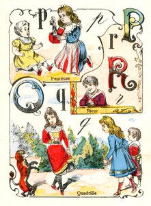P-kirjaimet Q ja R pelottavana, nauruna ja kadrillina. Kaiverrus "Hauskat aakkoset". Kuvaus Pont-a-Moussonista. Painatus ja kustantaminen Louis Vagne, 1800-luvun loppu tekijältä Unbekannt