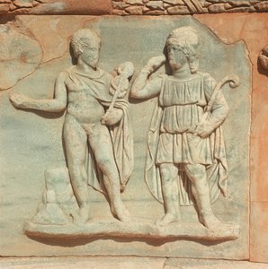Libya, Historiallinen Tripolitania, Muinainen Sabratha, Teatteri, Yksityiskohta helpotuksesta tekijältä William M. Timlin