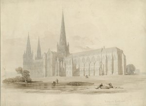 Lichfieldin katedraali - Kaakkoisnäkymä: piirustus ja pesu, nd [?19th century] tekijältä Unbekannt