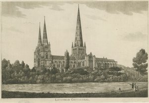 Lichfieldin katedraali - Etelänäkymä: akvatintakaiverrus, nd [c 1820-1830] tekijältä Unbekannt