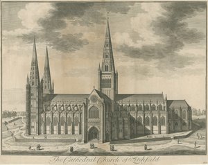 Lichfieldin katedraali - Etelänäkymä: kaiverrus, nd [c 1730] tekijältä Unbekannt