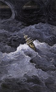 Kirjallisuus: Kirjallisuus: Vene keskellä merta. Kuvitus Samuel Taylor Coleridgen (1772-1834) romaaniin "Rime of the Ancient Mariner". Värikaiverrus Gustave Doren kuvituksen mukaan. tekijältä Unbekannter Künstler