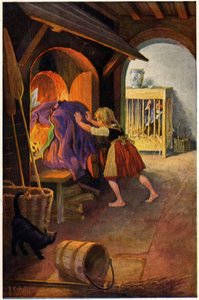 Kirjallisuus. Satu. Hansel ja Kerttu ja noita. Otto Kubelin kuvitus Grimmin veljesten tarinaan. Postikortti, Saksa, n. 1900 (postikortti) tekijältä Unbekannter Künstler
