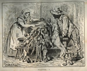 Pikku Poulet ja hänen nälkäiset veljensä. Gustave Doren (1832-1883) kaiverrus Charles Perraultin (1628-1703) teoksesta "Les contes" tekijältä Unbekannt