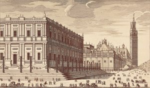 Lonja de Comercio ("Kaupparakennus") ja osittainen näkymä Sevillan katedraaliin. Kaiverrus. ESPANJA. MADRID (AUTONOMINEN ALUE). Madrid. Kansalliskirjasto tekijältä Unbekannter Künstler