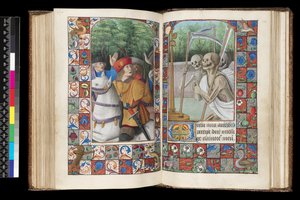 MS 92 f.132v-133r, Kuolleiden toimisto, Matins, Kolme elävää ja kolme kuollutta, Tuntien kirjasta, Länsi-Ranska, Rooman käyttö, 1490-1510 tekijältä Unbekannt