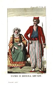 Mies ja nainen Arkadiasta, Peloponnesoksesta, Kreikasta. Kuvituskuva lähteestä Francois Pouquevilleõs Travels through More, Albania and several other parts of the Ottoman Empire. tekijältä Unbekannter Künstler