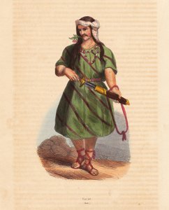 Karen-heimon mies (Karene tai Karyang) (Burma, Myanmar) - Etelä-Burman karen-heimon mies - Käsinväritetty puupiirros teoksesta "Mores, Uses et Costumes de tous les Peoples du Monde, Asia", kirjoittanut Auguste Wahlen, Jean Francois Nicolin salanimi. tekijältä Unbekannter Künstler