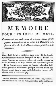 Manifesti Metzin juutalaisten tukemiseksi, joka tukee juutalaisten Brancasin herttualle maksaman veron poistamista, n. 1790 (painettu paperi) tekijältä Unbekannt