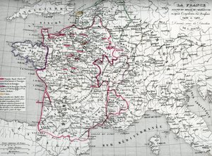 Kartta Ranskasta kuningas Kaarle VII:n aikana ja englantilaisten karkottamisen jälkeen vuosina 1422-1461 (Kartta Ranskasta kuningas Kaarle VII:n aikana) Houzen "Atlas Universel" -teoksesta peräisin oleva levy tekijältä Unbekannter Künstler