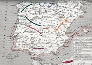 Kartta Espanjasta germaanisen Hispanian aikana, 409-585 (Kartta Espanjasta germaanisen Hispanian aikana) Kaiverrus Houzen "Atlas Universel" -teoksesta tekijältä Unbekannter Künstler