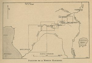 Kartta, joka näyttää Marchandin lähetysreitin vuonna 1898 (litho) tekijältä Unbekannt