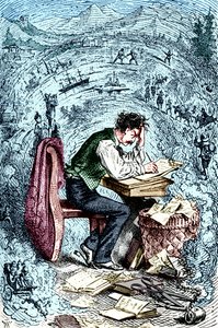 Mark Twain kirjoittaa teoksen "The Innocents Abroad", julkaistu ensimmäisen kerran 1869. Amerikkalainen kirjailija: 30. marraskuuta 1835 21. huhtikuuta 1910. tekijältä Unbekannt