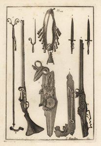 Matchlock-musketti, lukko ja pistin Tower of Londonista 1-3, pistin 4, musketin tuki ja pistin 5, muskettituki 6, bandilerit ja ruutipullo 7, pyörän lukko 8,9 ja jakoavain 10 tekijältä Unbekannt