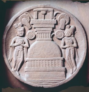 Medaljonki palvojien kanssa, helpotus Bharhutin stupasta, buddhalainen muistomerkki, Madhya Pradesh, Intia, Intian sivilisaatio, 2. vuosisadalla eKr.