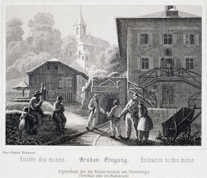 Suolakaivos: kaivoksen sisäänkäynti Durrnbergissä, Itävallassa, noin 1850 tekijältä Unbekannt