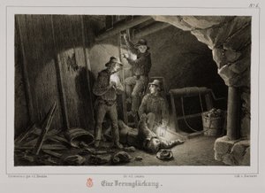 Kaivos, metallimalmit Kaivosonnettomuus, Saksa, n. 1851 tekijältä Unbekannt