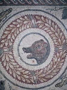 Perstylen mosaiikki. Yksityiskohta, joka edustaa karhun päätä. 3.-4. vuosisadalla. Roomalainen huvila Casalessa, Sisiliassa. Unescon sivusto. tekijältä William M. Timlin