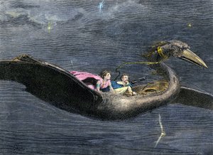Myytit ja legendat: Rokh tai Roc (arabialais-persialaisen mytologian jättiläislintu). Se esiintyy Tuhannen ja yhden yön kirjassa). Värikaiverrus 1800-luvulta. tekijältä Unbekannter Künstler