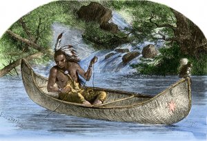Amerikan alkuperäisväestö: intiaanit. Hiawatha kalastamassa kanootilla. Värikaiverrus 1800-luvulta. tekijältä Unbekannter Künstler