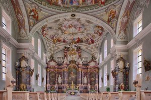 Nave, alttari, kattomaalaus, sisustusvalokuva, St. George Catholic Parish Church, Neustift, Stubai Valley, Tiroli, Itävalta, Eurooppa (kuva) tekijältä Unbekannter Künstler