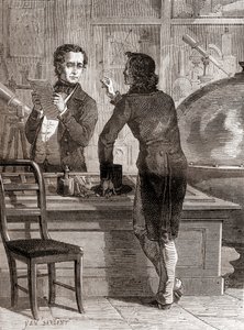Nicéphore Niépce, vaikka vielä tuntematon ja köyhä, Charles Chevalierin optiikka- ja instrumenttiliikkeessä, Les Merveilles de la Sciencesta, julkaistu n. 1870 (kaiverrus) tekijältä Unbekannt