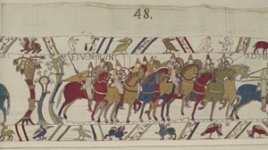 Norman sotilaat lähtevät Hastingsista taistelemaan Haroldin kanssa, Bayeux Tapestry (villakirjonta pellavalle) tekijältä Unbekannt