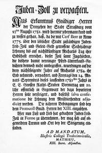 Strasbourgin kolmentoista hallintoelimen (Tredecim Viri) ilmoitus julkisesta huutokaupasta oikeudesta periä "Juden Zoll" kolmen vuoden ajan tekijältä Unbekannt