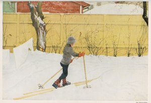 Yksi ruotsalaisen kuvittaja Carl Larssonin (1853-1919) lapsista, joka oppi liikkumaan suksilla. Piirustus "" Das haus in der sonne"" vuodelta 1921 tekijältä Unbekannt