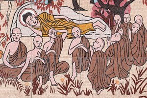 Ong Nui buddhist pagoda, Wall fresco, The life of the Buddha, After 45 years of teaching the Dharma, the Buddha passed into Parinirvana, Quy Nhon, Vietnam, 2019 (photo)   1074287   fi       finnish Successfully Translated  Original: Mountain woman and plai tekijältä Unbekannt